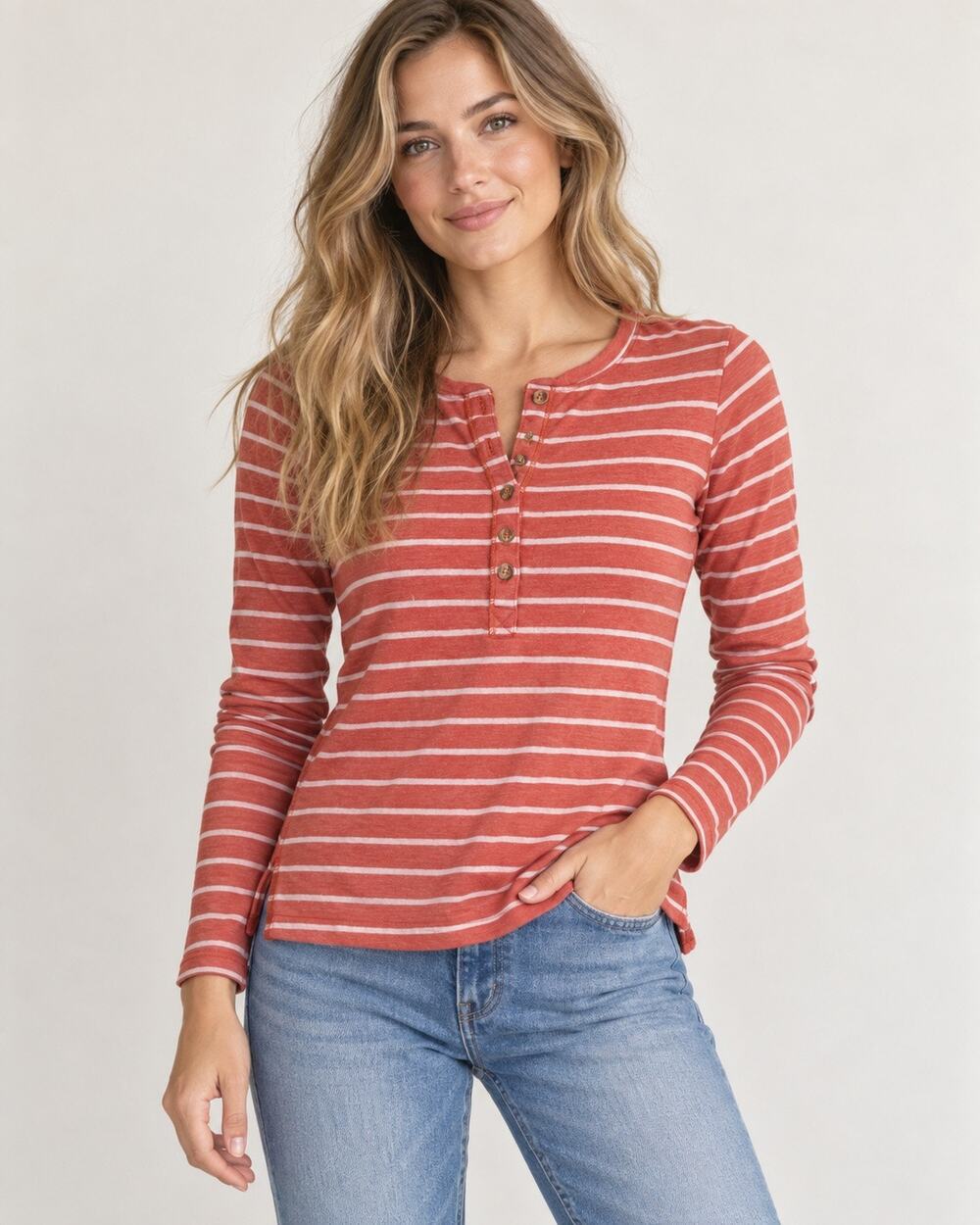 Coastal Preppy Marine Layer Double Knit Stripe Henley Top XS Faded Rust Cream